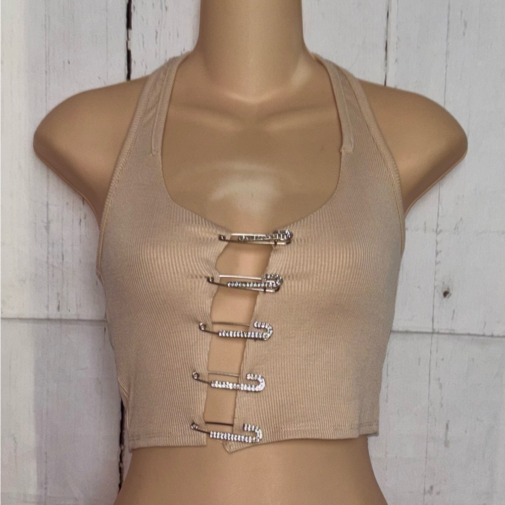 AKIRA Beige Tan Halter Ribbed Rhinestone Safety Pin Cropped Tank Size S